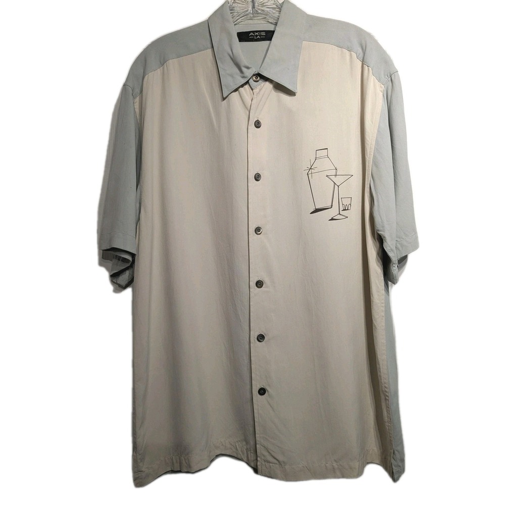 Rare Y2K AXIS LA Shirt Men L Silk Martini Graphic Short Sleeve Button Water Spot